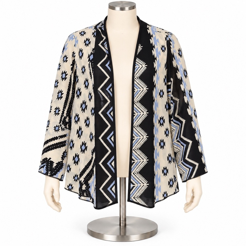 Double Take Women Tribal Geometric Open Front Kimono Cardigan Cream Black Blue M